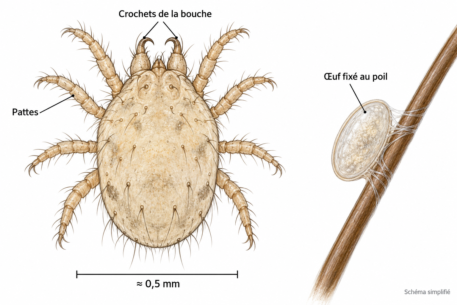 Acarien Cheyletiella et son œuf fixé à un poil, vus au microscope