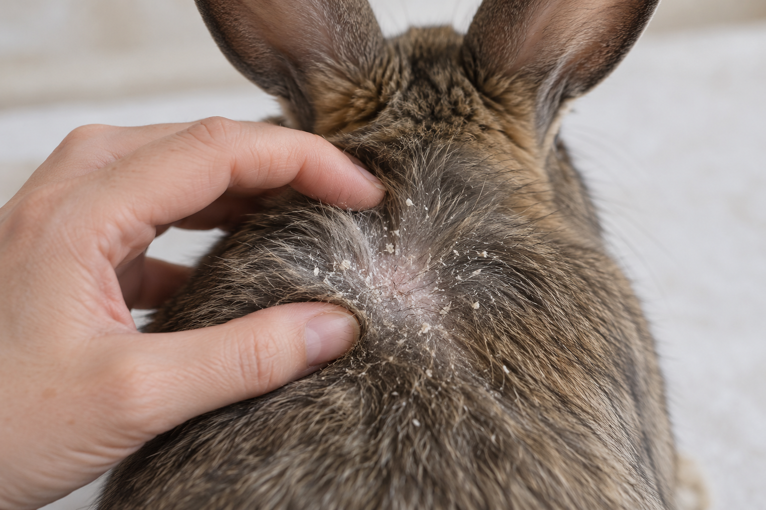 Pellicules et perte de poils au garrot d'un lapin atteint de cheyletiellose