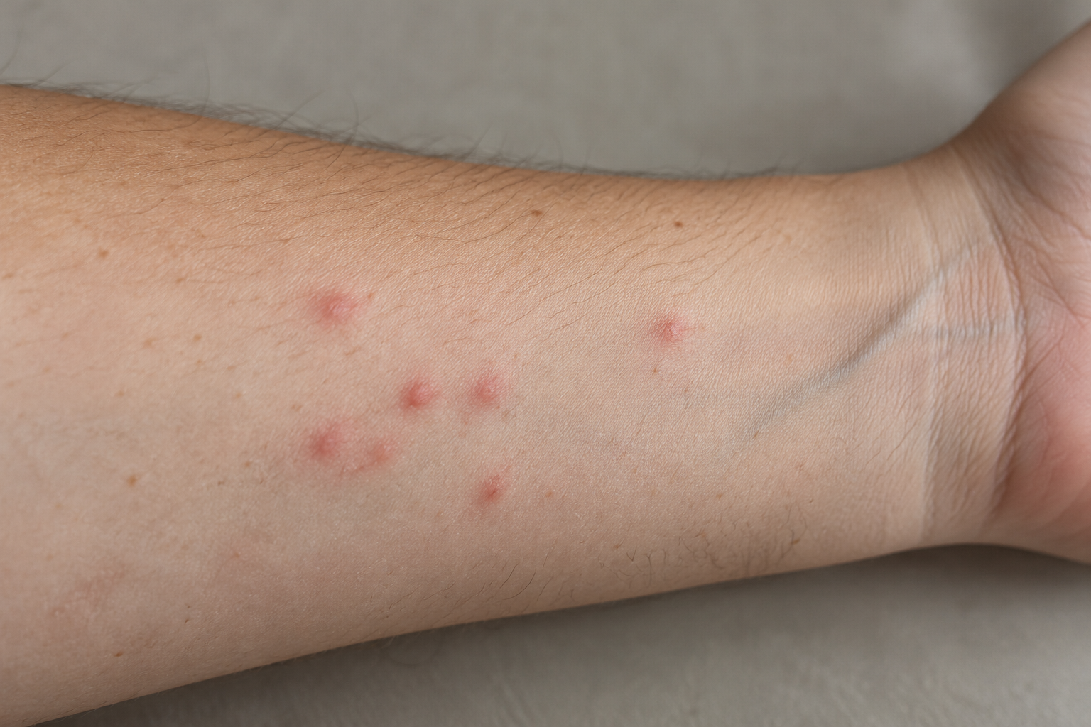 Petits boutons groupés sur l'avant-bras, lésions de cheyletiellose humaine transmise par un animal