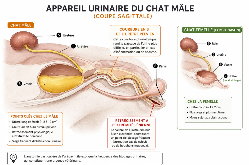 Schéma de l’appareil urinaire du chat mâle montrant l’urètre étroit et le risque d’obstruction