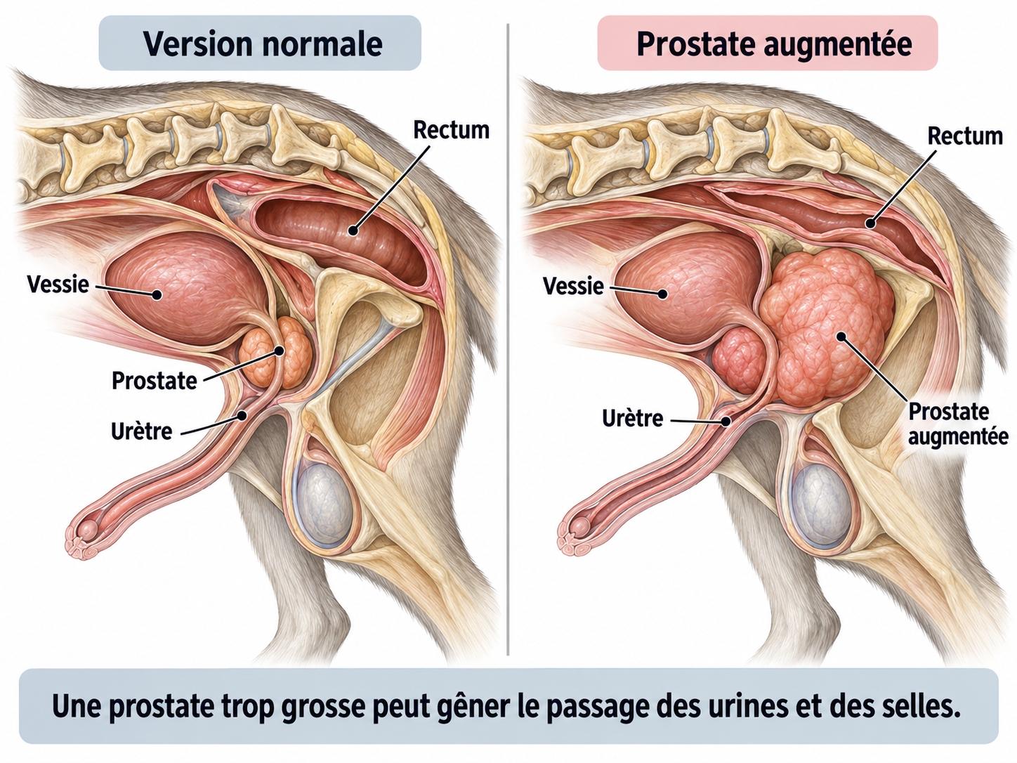 Position de la prostate chez le chien, sous le rectum et autour de l'urètre : prostate normale et augmentée