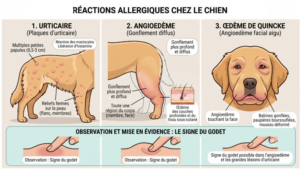 Différence entre urticaire, angioedème et œdème de Quincke chez le chien : papules, gonflement diffus, face