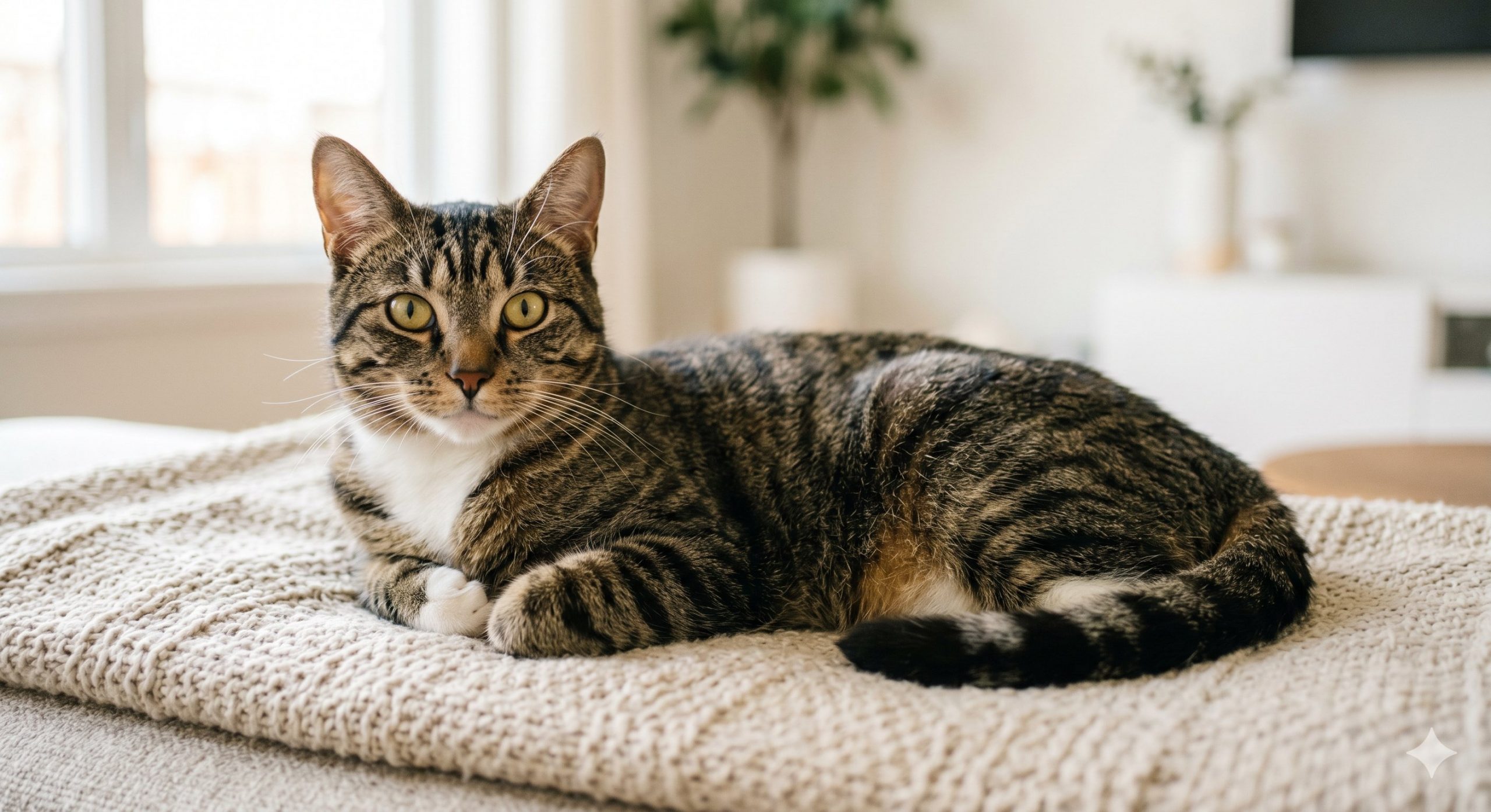 Chat tigré allongé sur un plaid clair dans un intérieur lumineux