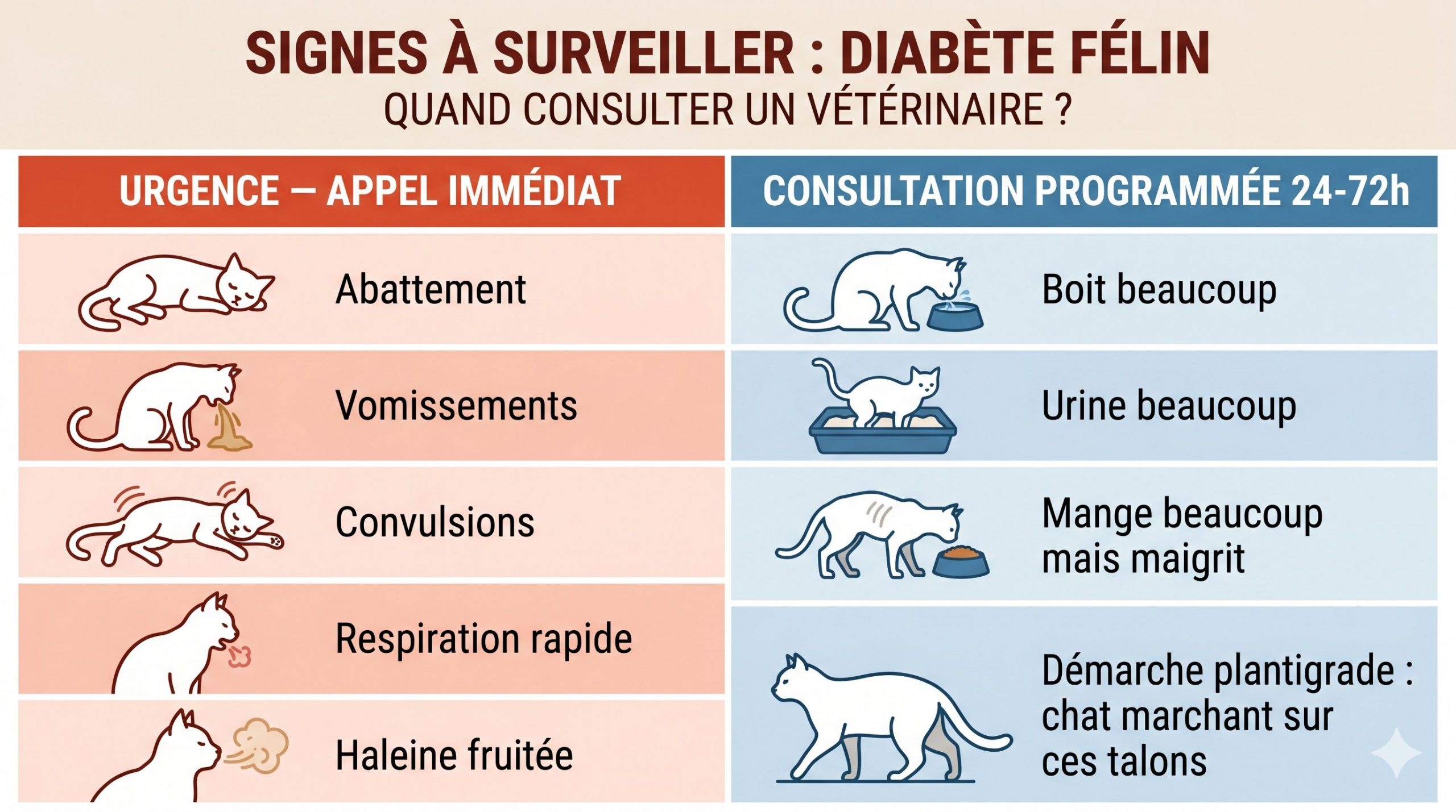 Infographie : signes à surveiller du diabète félin. Colonne gauche en rouge — urgence appel immédiat : abattement, vomissements, convulsions, respiration rapide, haleine fruitée. Colonne droite en bleu — consultation programmée 24-72h : boit beaucoup, urine beaucoup, mange beaucoup mais maigrit, démarche plantigrade.