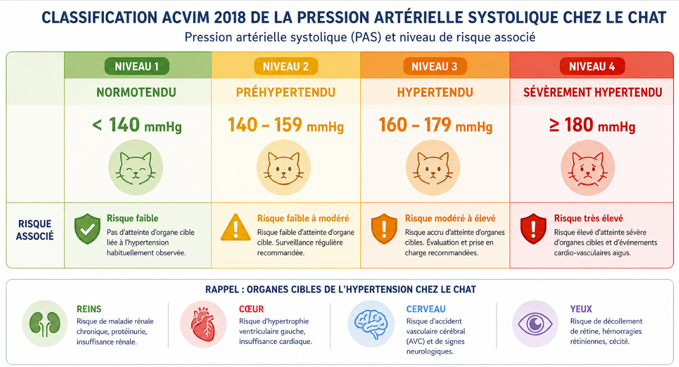 Classification ACVIM 2018 des 4 niveaux de pression artérielle systolique chez le chat