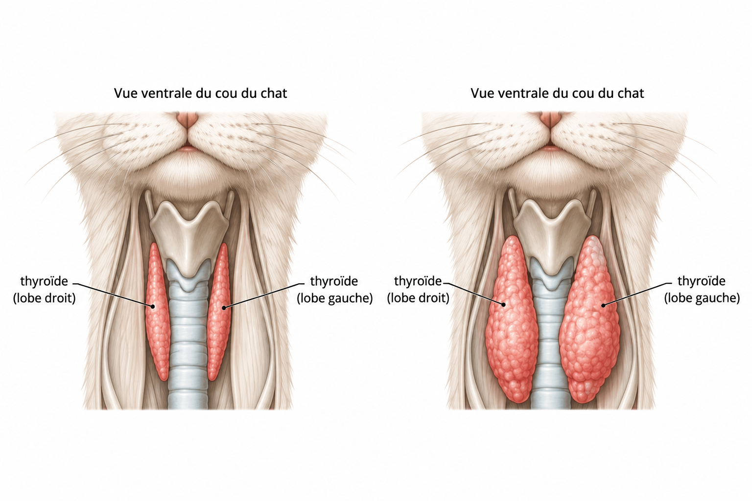 Schéma anatomique de la thyroïde du chat : comparaison thyroïde normale et thyroïde hyperplasique