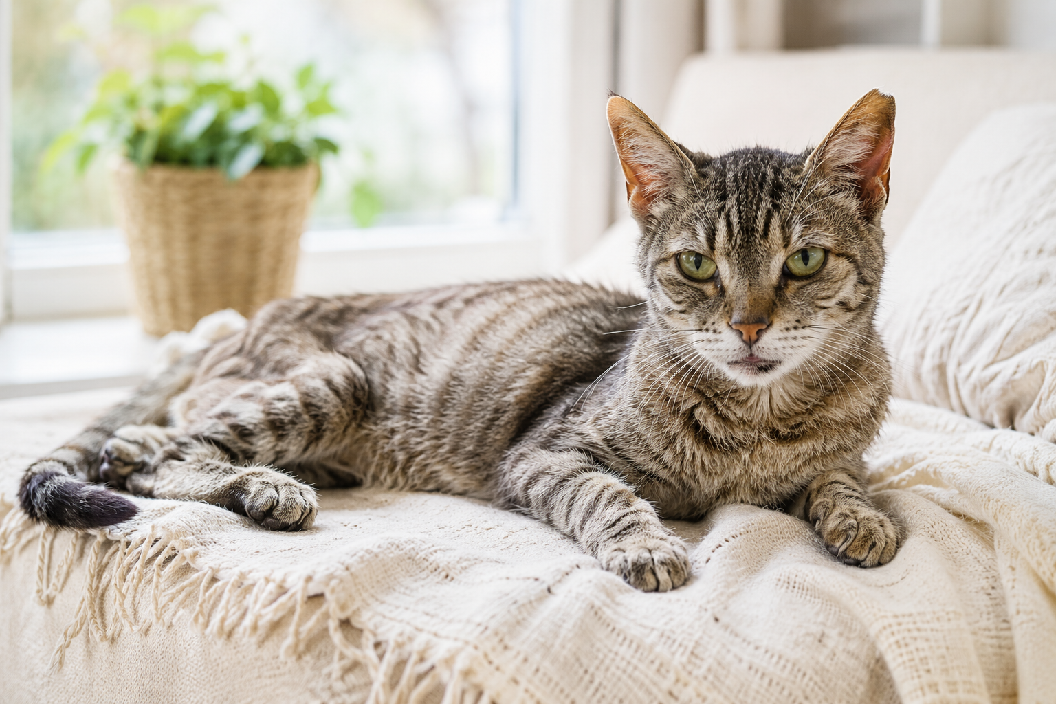 Chat senior européen tigré allongé chez lui — l'hyperthyroïdie touche surtout les chats de plus de 10 ans