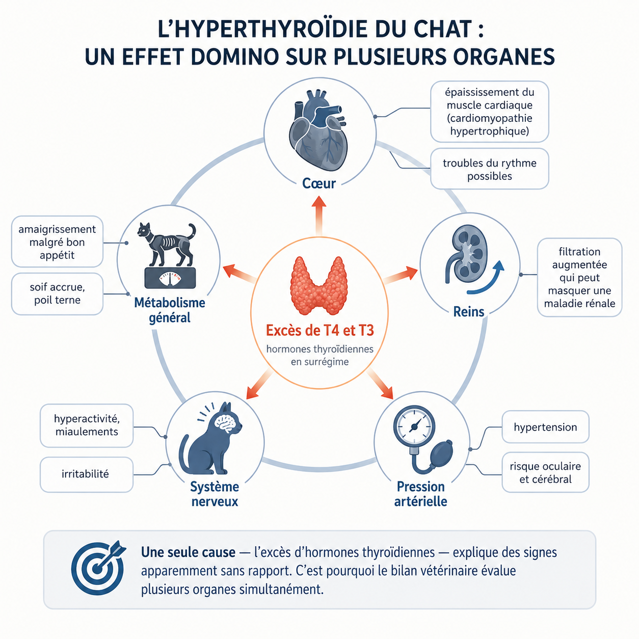Schéma de l'effet domino de l'hyperthyroïdie sur cœur, reins, tension, système nerveux et métabolisme