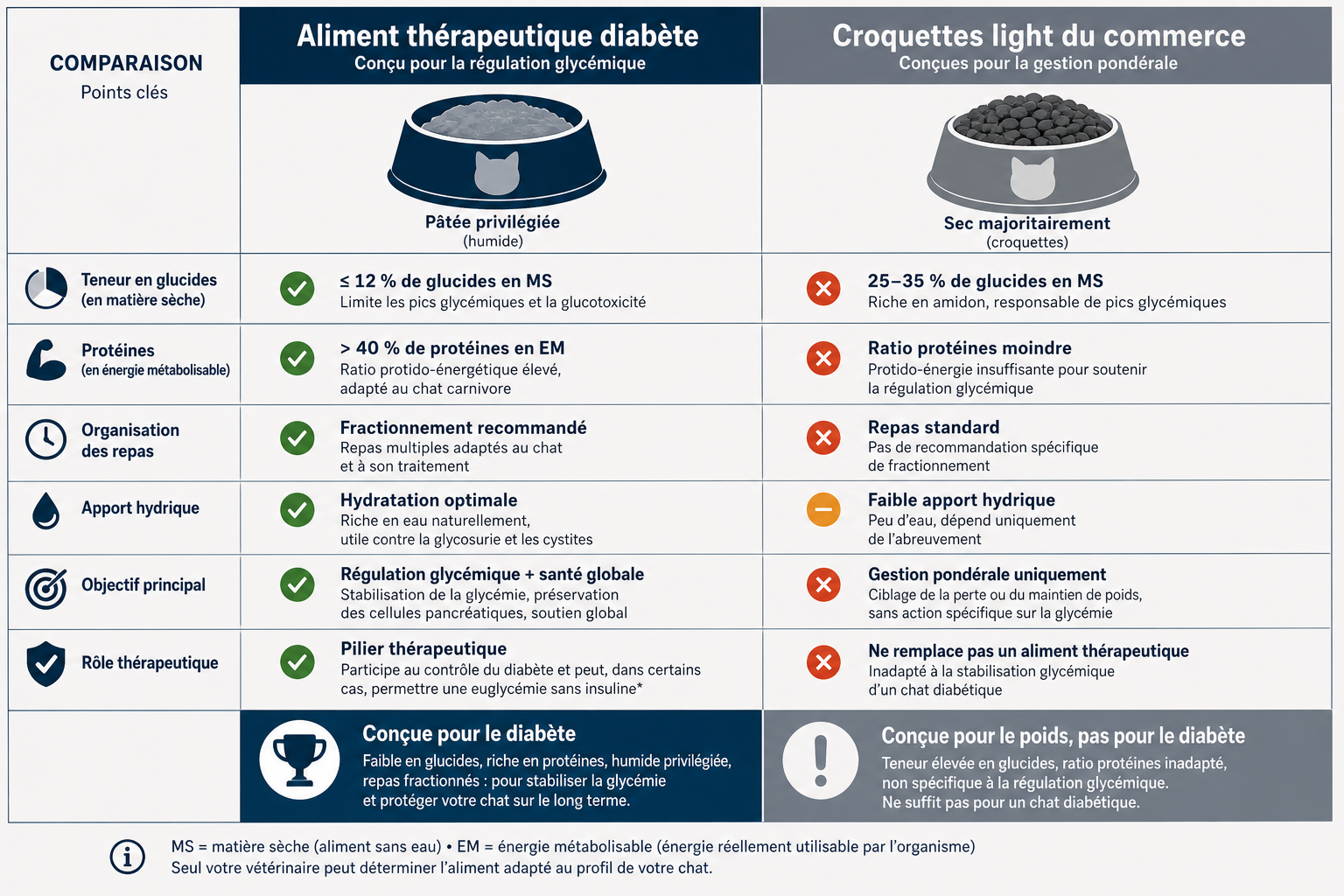 Croquettes chat diabétique vs light commerce — comparaison glucides protéines