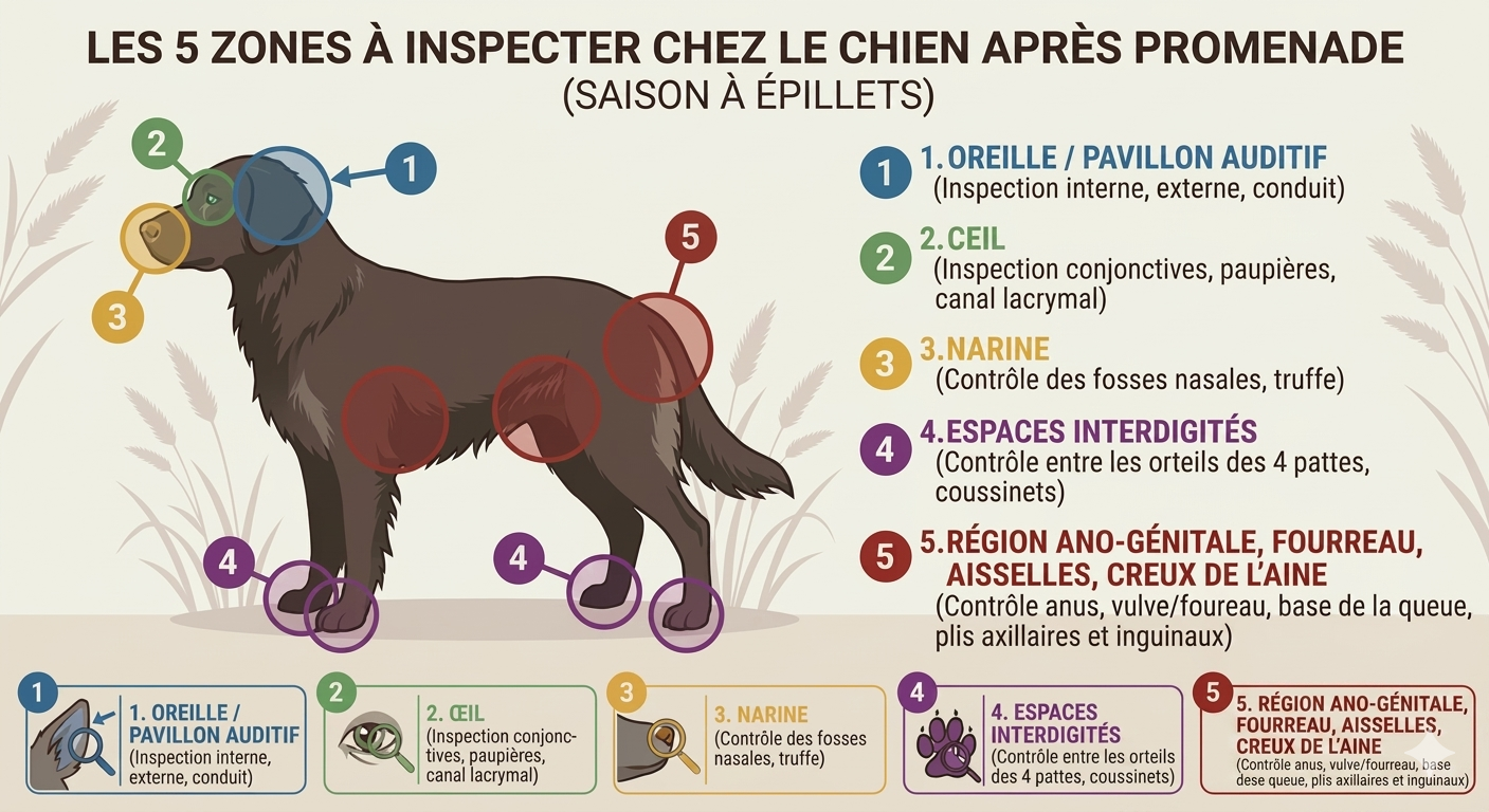 Schéma des 5 zones à inspecter chez le chien après promenade en saison à épillets