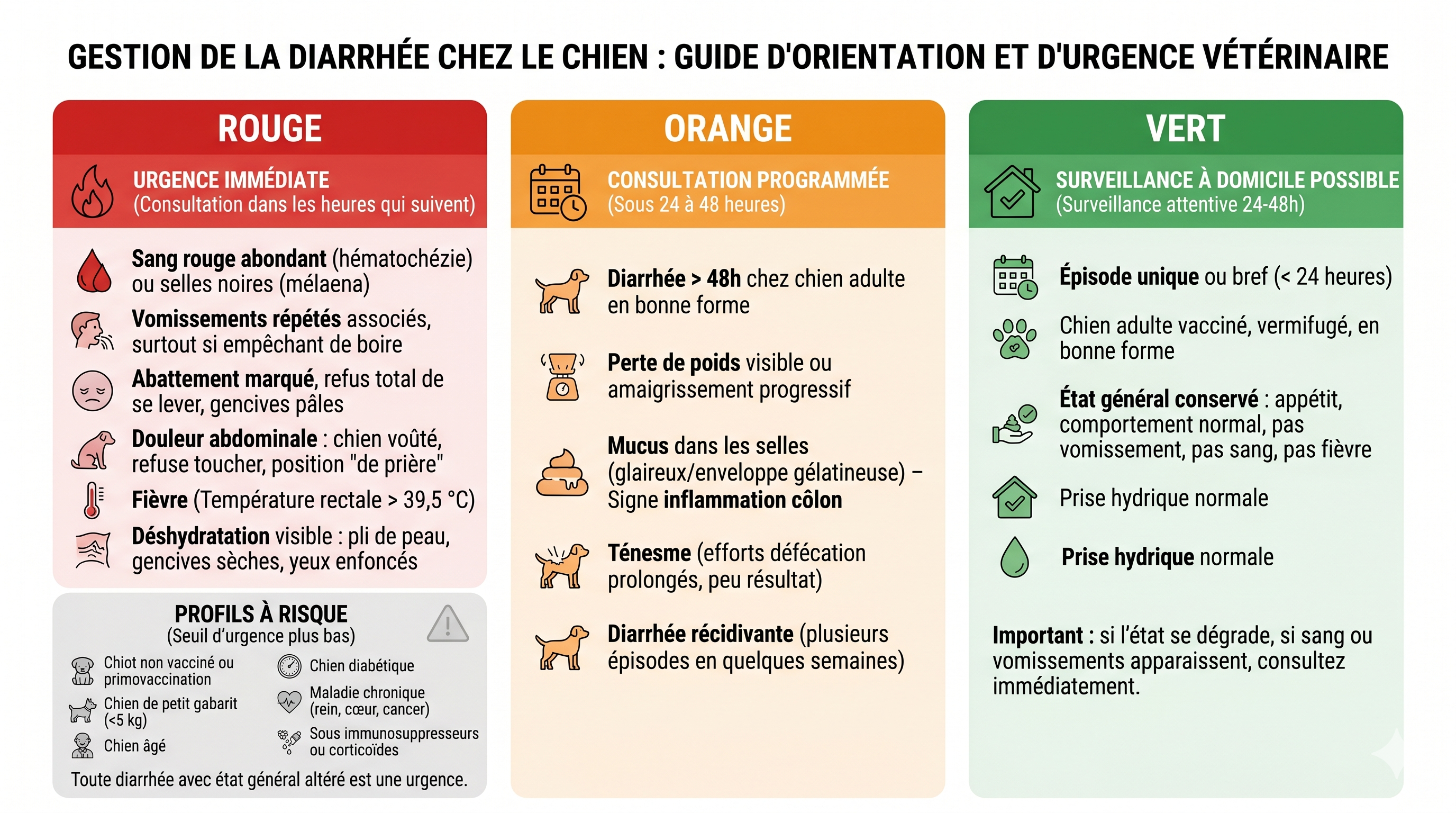 Grille de tri visuelle pour décider quand consulter en cas de diarrhée chez le chien — urgence, consultation 24-48h, surveillance