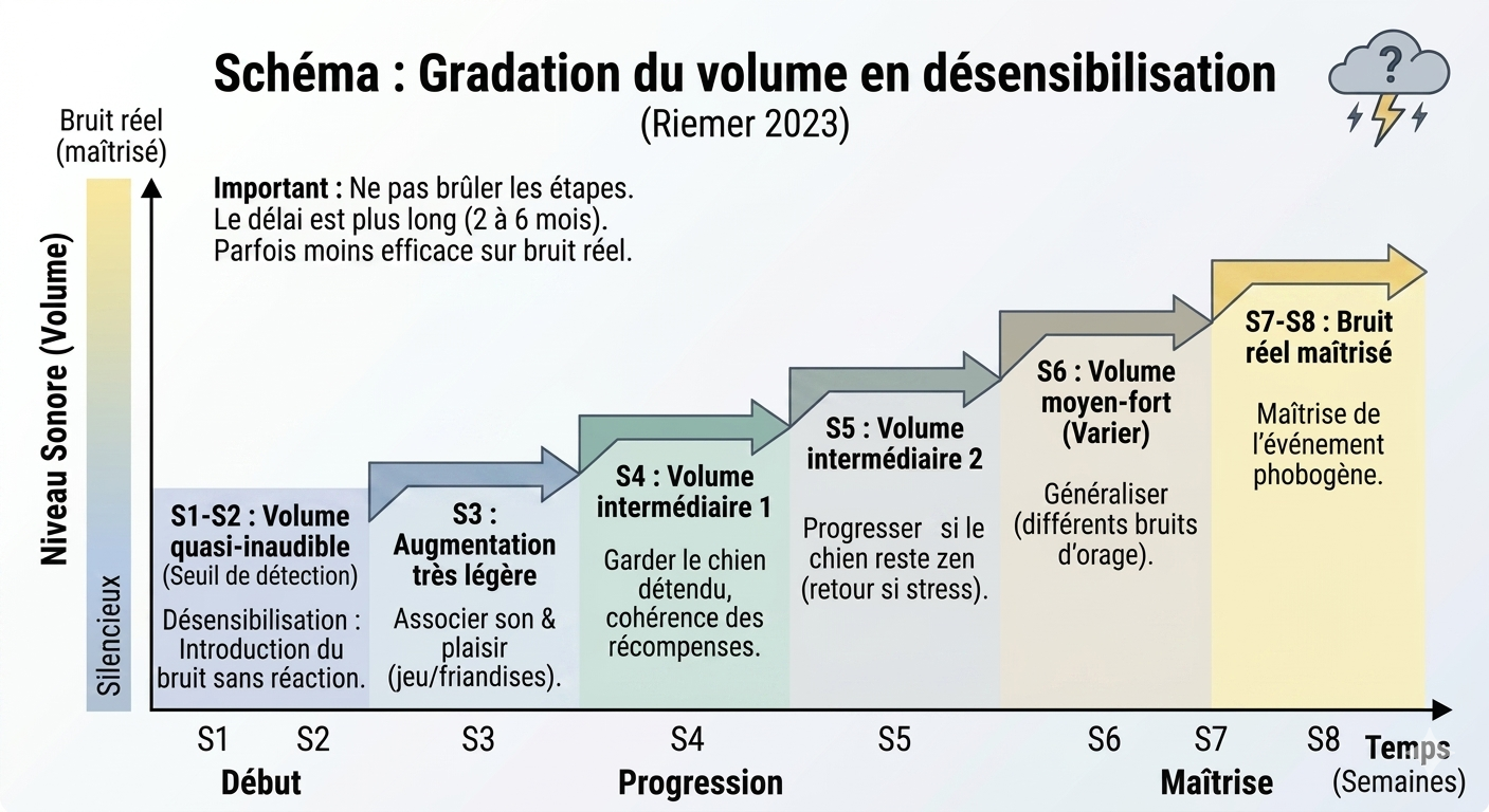 Schéma désensibilisation chien peur orage gradation progressive du volume sonore