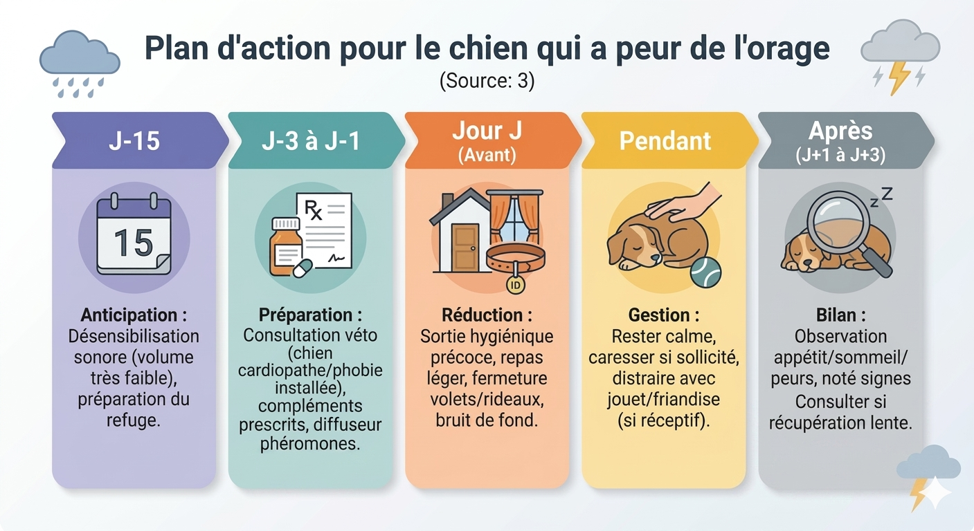 Plan d'action chronologique pour calmer un chien qui a peur de l'orage J-15 Jour J Après
