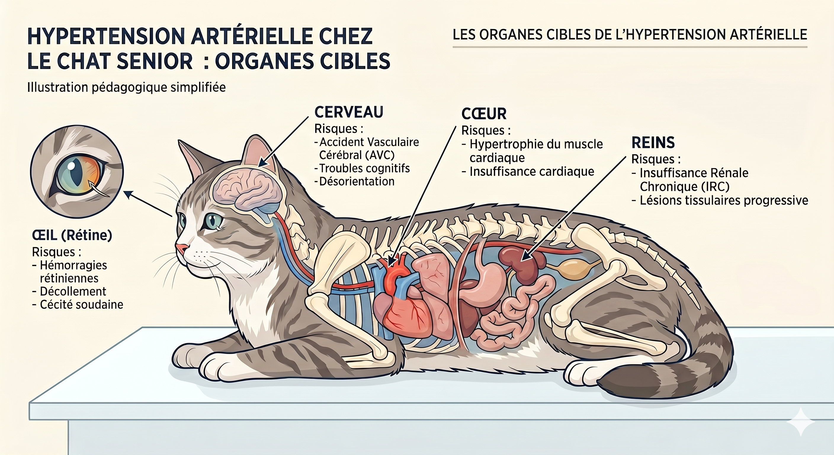 Schéma des organes cibles de l'hypertension artérielle chez le chat : œil, cerveau, reins, cœur