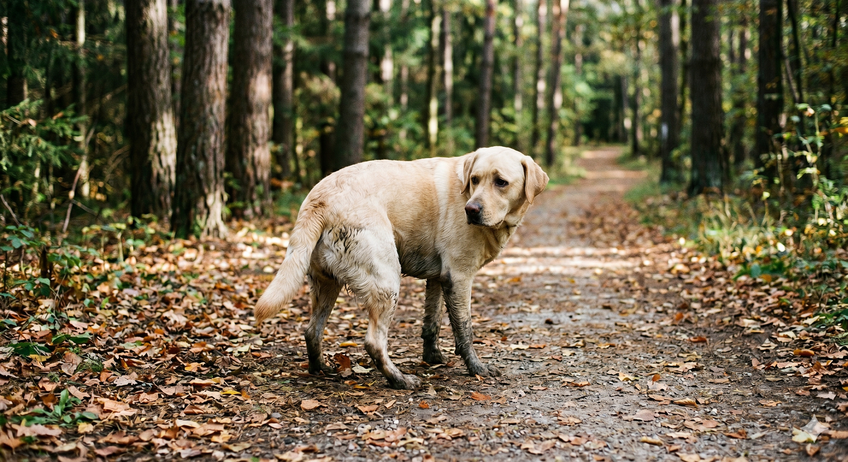 Chien adulte en promenade en forêt — la diarrhée canine est souvent bénigne mais le tri reste indispensable