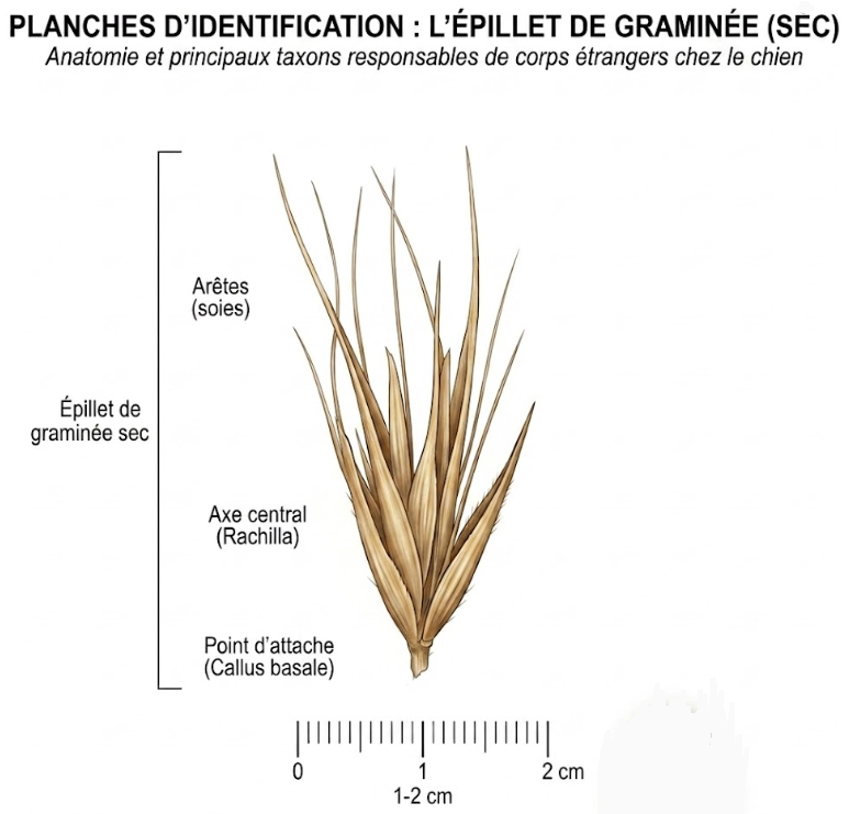Planche anatomique d'un épillet de graminée avec barbules unidirectionnelles, principal corps étranger végétal chez le chien