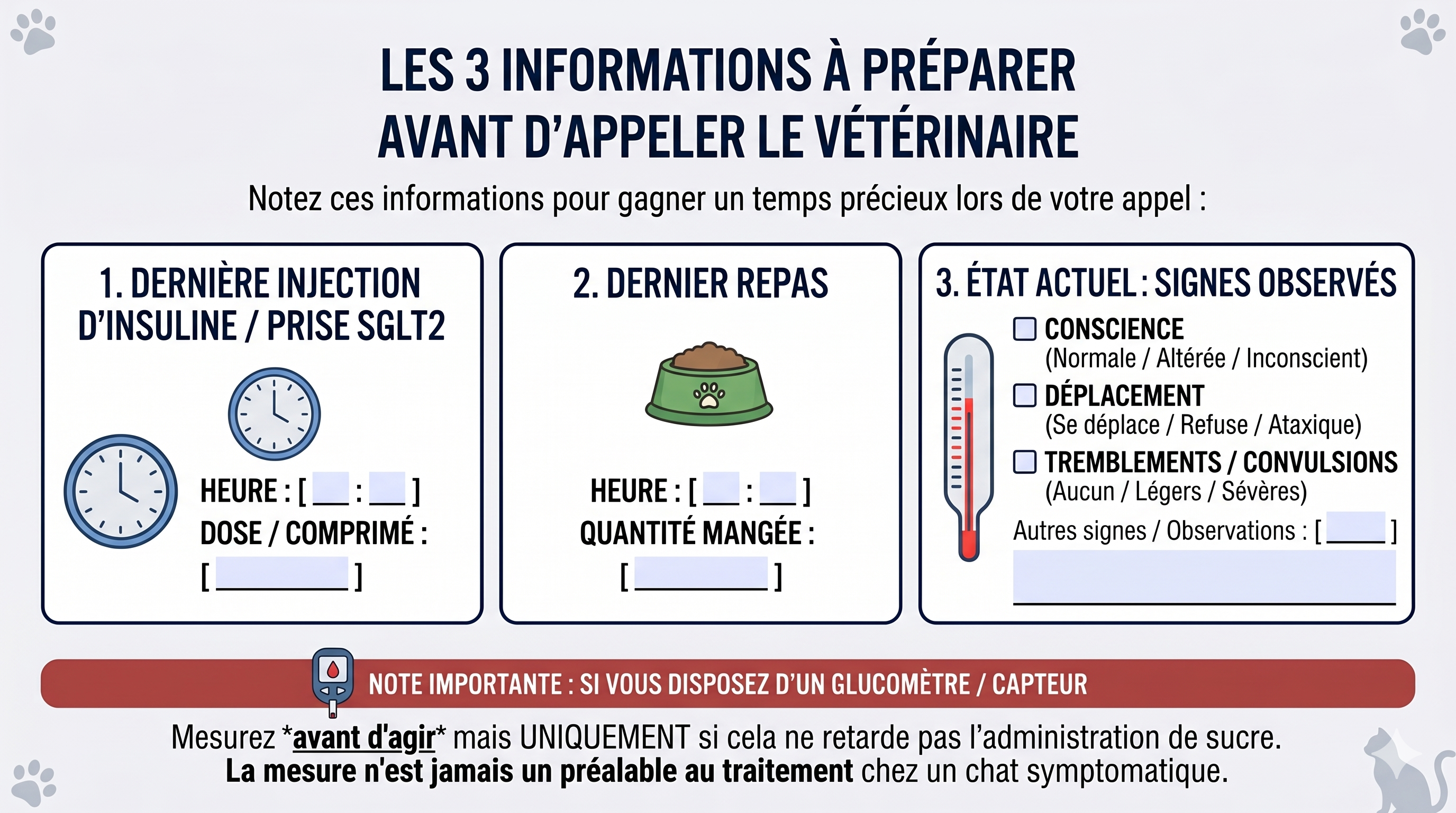 Mémo des 3 infos à préparer avant d'appeler le vétérinaire pour une hypoglycémie chez le chat