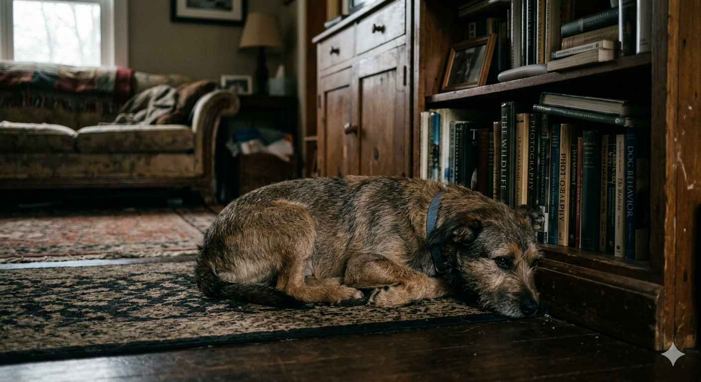 Chien en posture de repli pendant un orage — phobie sonore canine signes modérés
