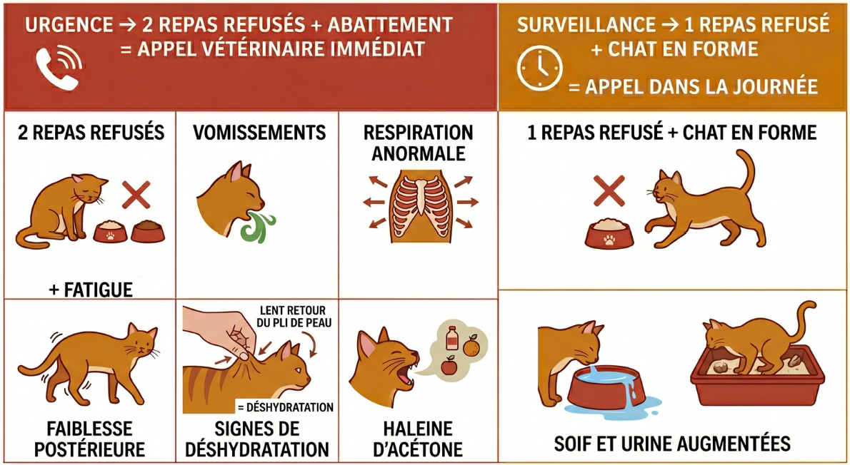 Acidocétose chat : critère décisionnel central — 2 repas refusés et abattement déclenchent l'appel vétérinaire en urgence
