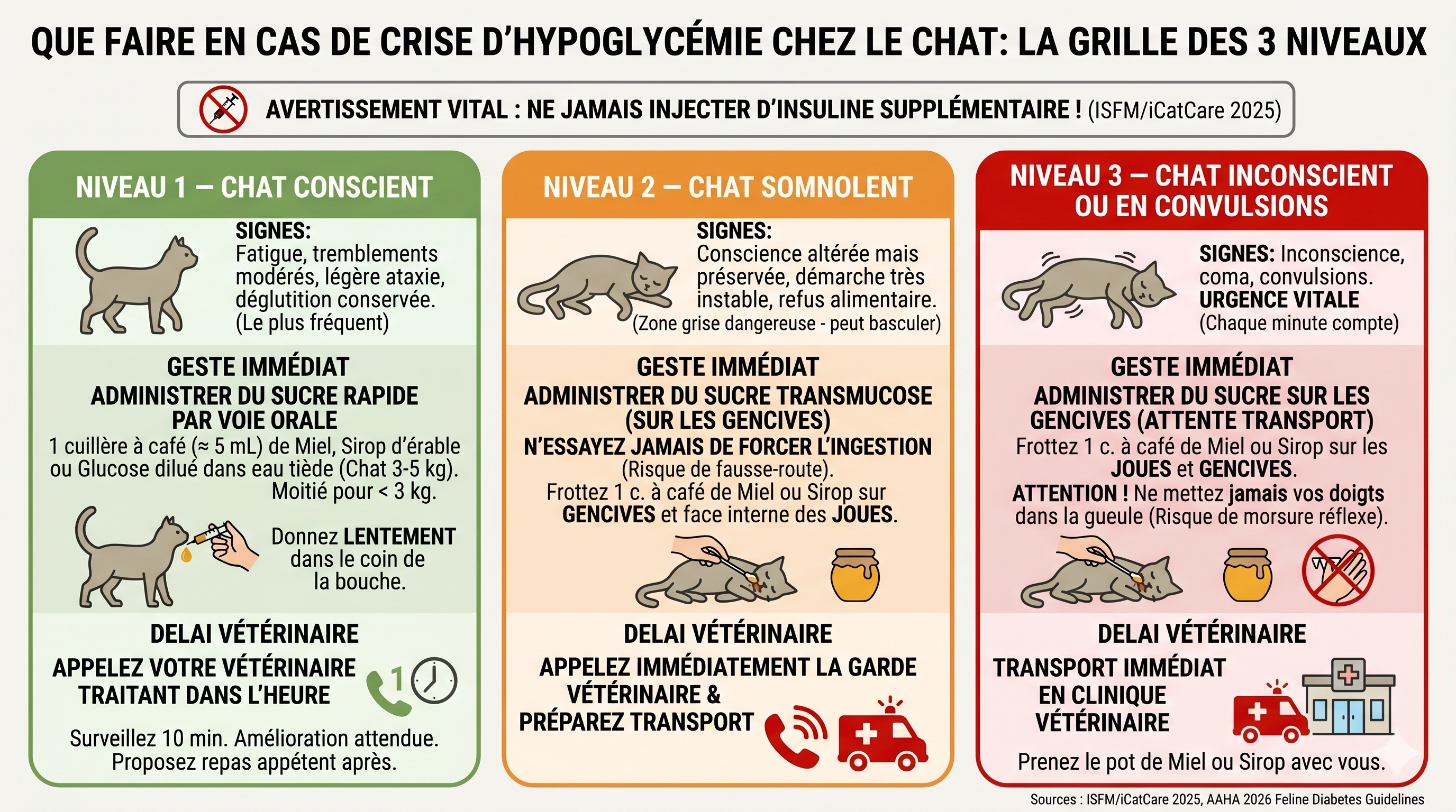 Infographie : 3 niveaux d'urgence d'une crise d'hypoglycémie chez le chat diabétique et gestes à effectuer