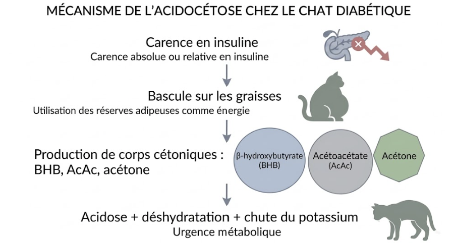 Mécanisme de l'acidocétose chez le chat diabétique : carence en insuline, lipolyse, corps cétoniques, acidose métabolique