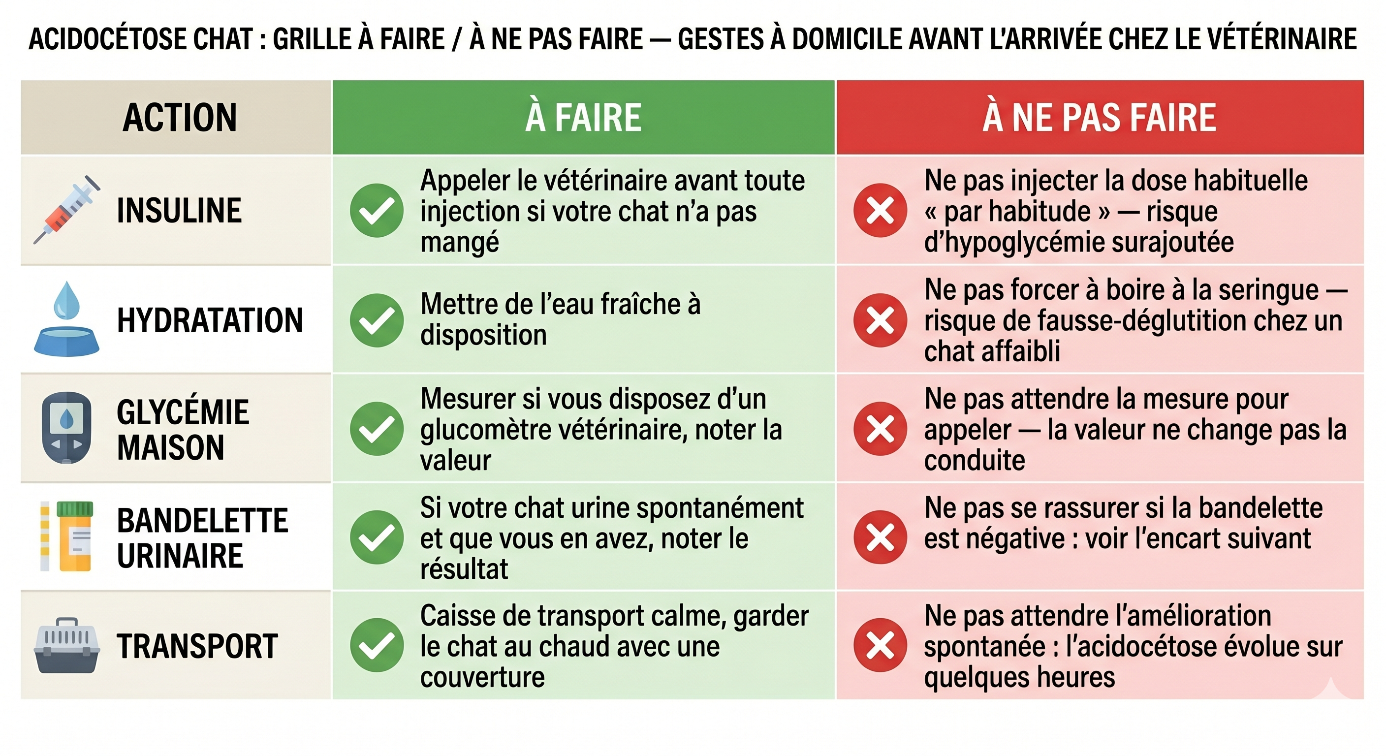 Acidocétose chat : grille à faire / à ne pas faire — gestes à domicile avant l'arrivée chez le vétérinaire