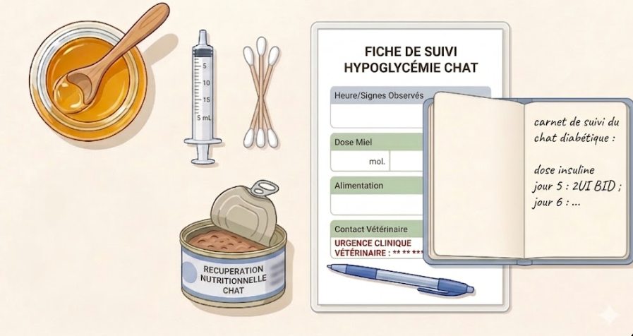 Contenu d'une trousse de secours hypoglycémie pour chat diabétique : miel, sirop, pâtée hypercalorique, seringue, fiche numéros vétérinaire