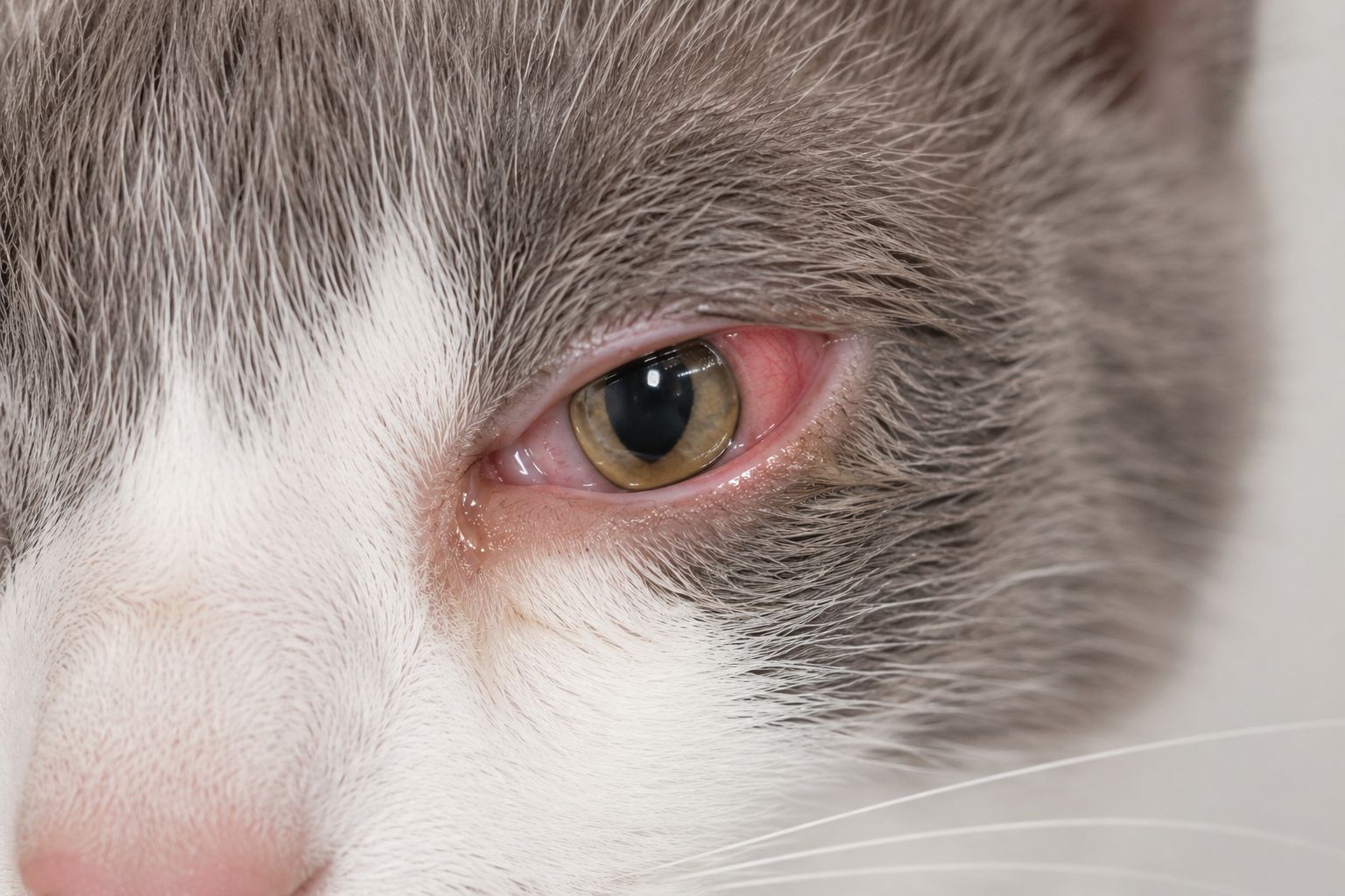 Conjonctivite chez le chat : œil rouge avec conjonctive gonflée et écoulement oculaire