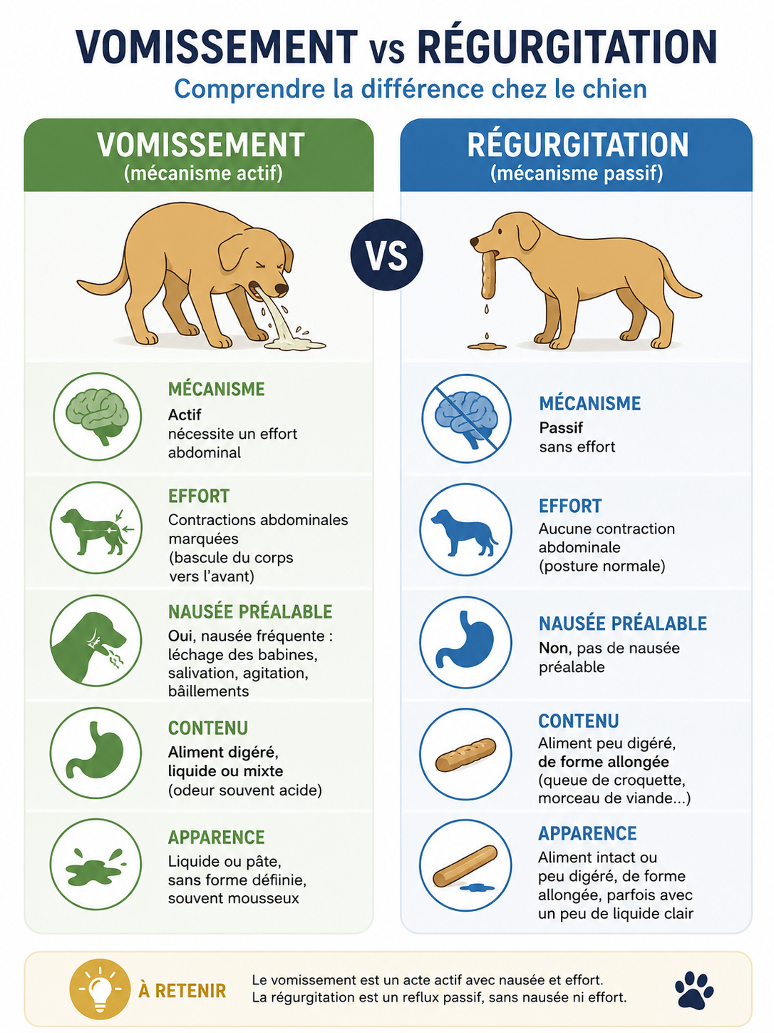 Infographie comparant vomissement et régurgitation chez le chien : mécanisme actif contre passif