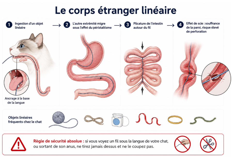 Mécanisme du corps étranger linéaire chez le chat : fil ancré à la base de la langue et plicature de l'intestin