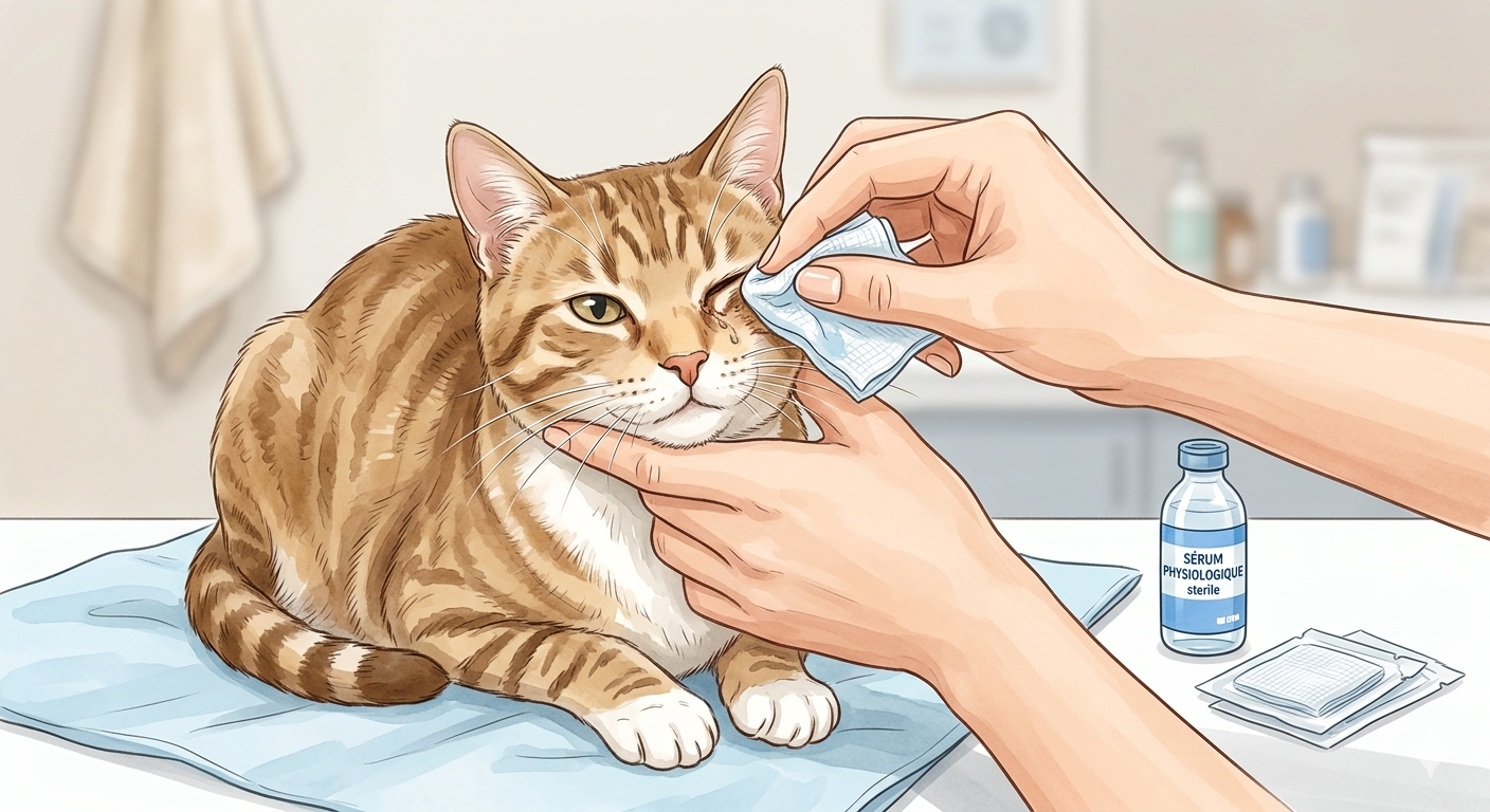 Nettoyage de l'œil d'un chat au sérum physiologique avec une compresse