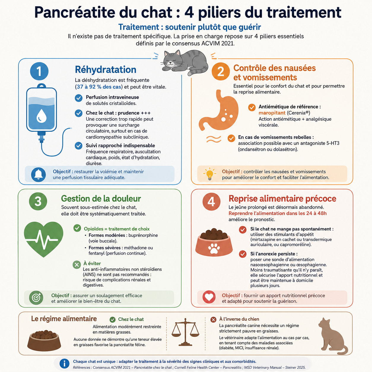 Infographie des 4 piliers de la prise en charge de la pancréatite féline : réhydratation, nausées, douleur, nutrition