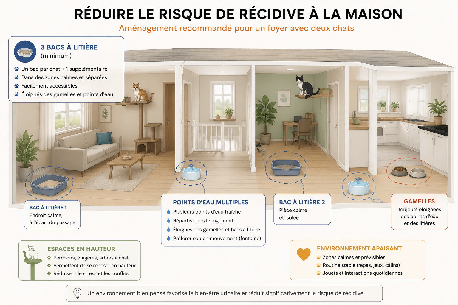 Aménagement du domicile pour réduire le risque de récidive de blocage urinaire chez le chat