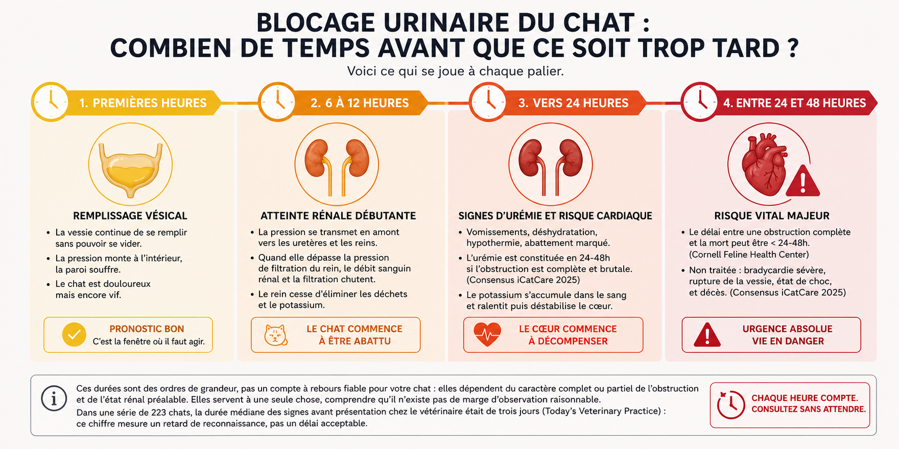 Frise chronologique de l'évolution d'un blocage urinaire chez le chat, des premières heures à 48 heures