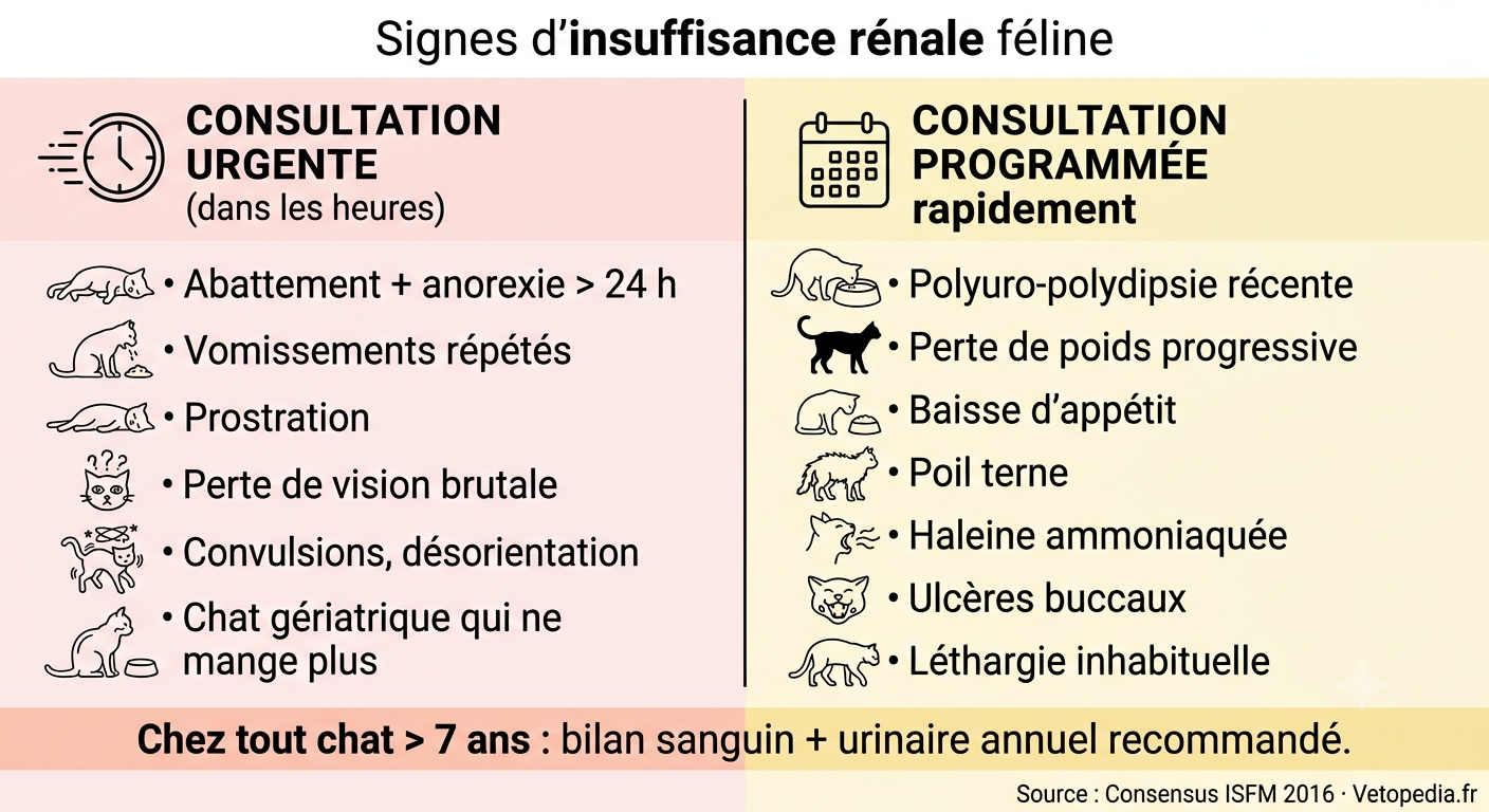 Illustration des signes cliniques d'insuffisance rénale chez le chat justifiant une consultation vétérinaire
