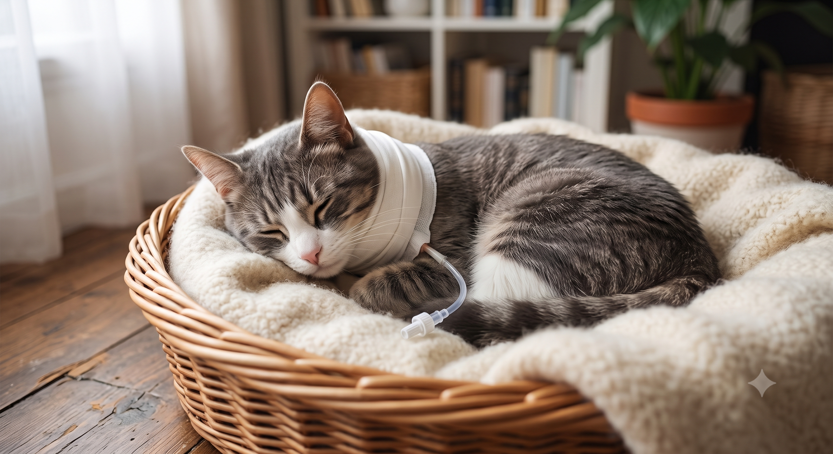 Chat porteur d'une sonde d'œsophagostomie avec son pansement de maintien sur le cou