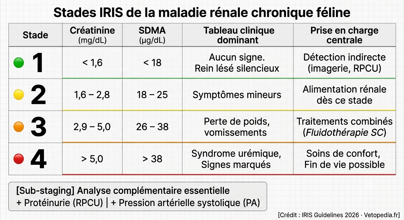 Infographie des 4 stades IRIS de la maladie rénale chronique féline avec seuils de créatinine et SDMA