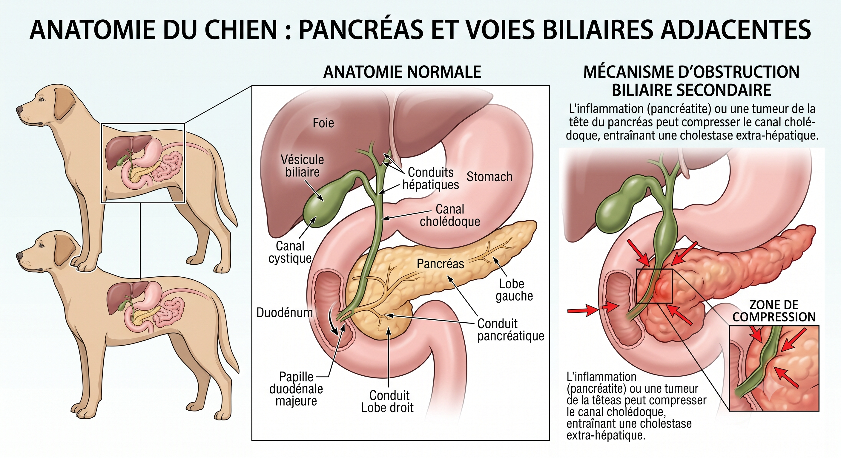 Schéma anatomique de la position du pancréas dans l'abdomen du chien et des voies biliaires adjacentes
