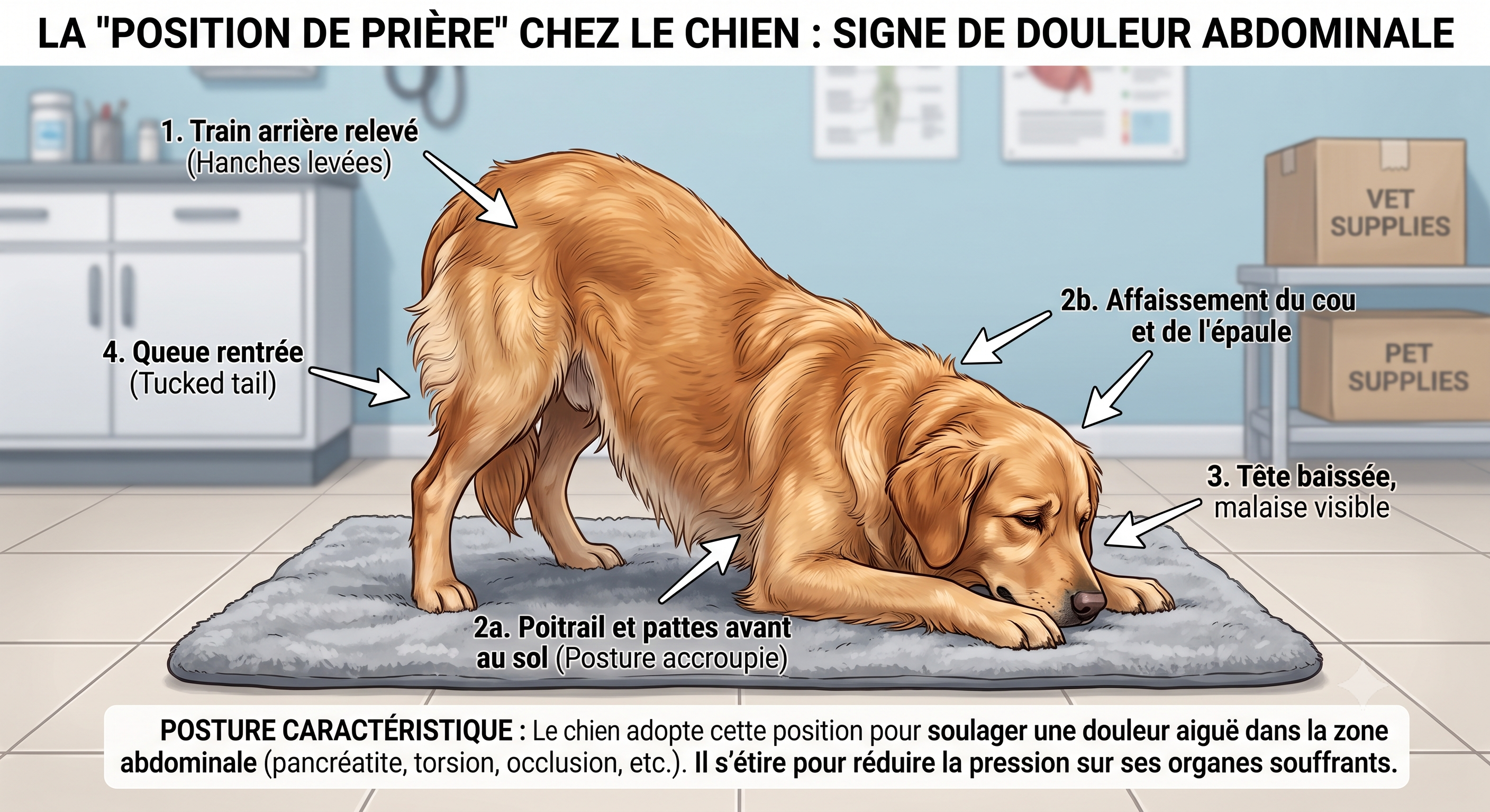 Chien en position de prière (pattes avant au sol, train arrière relevé), signe de douleur abdominale évocateur d'une pancréatite