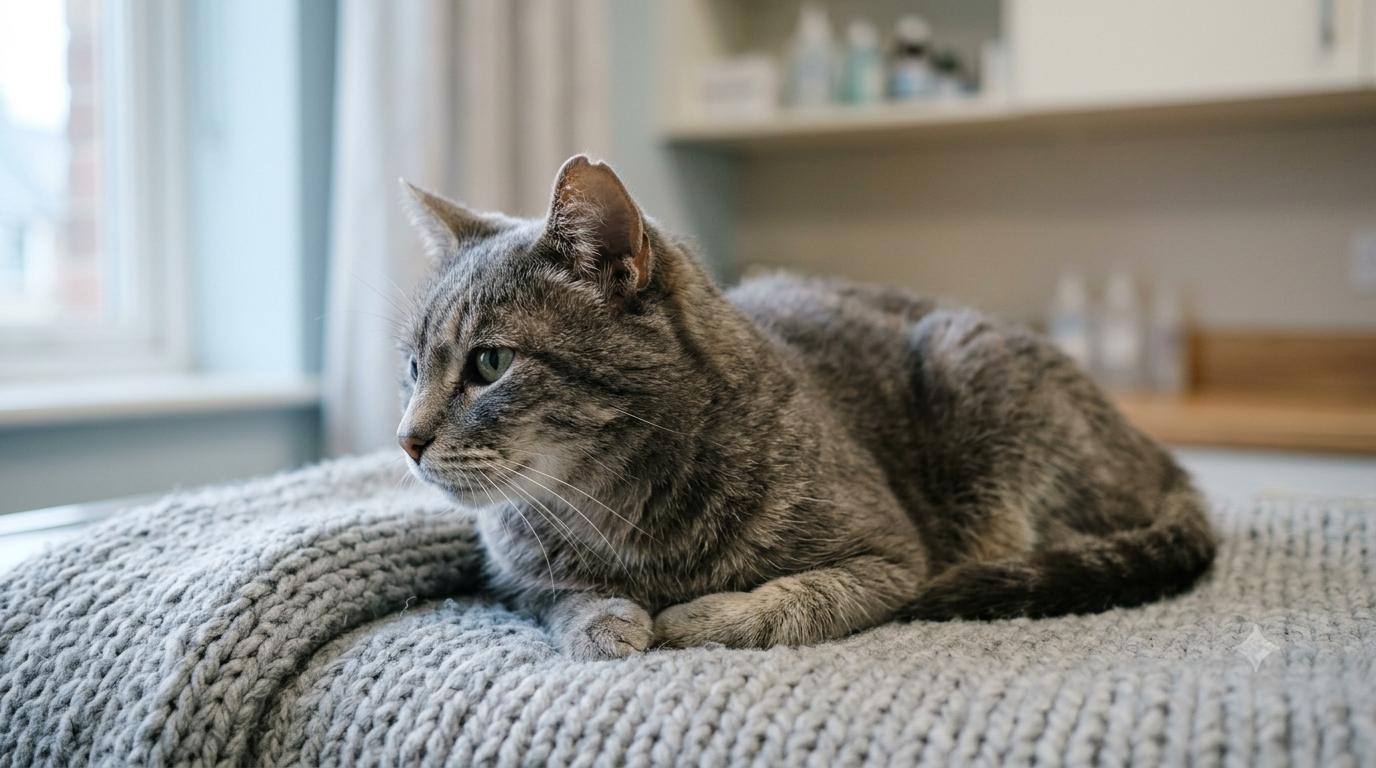 Chat âgé sur un coussin, illustration de la maladie rénale chronique féline très fréquente chez le chat de plus de 15 ans
