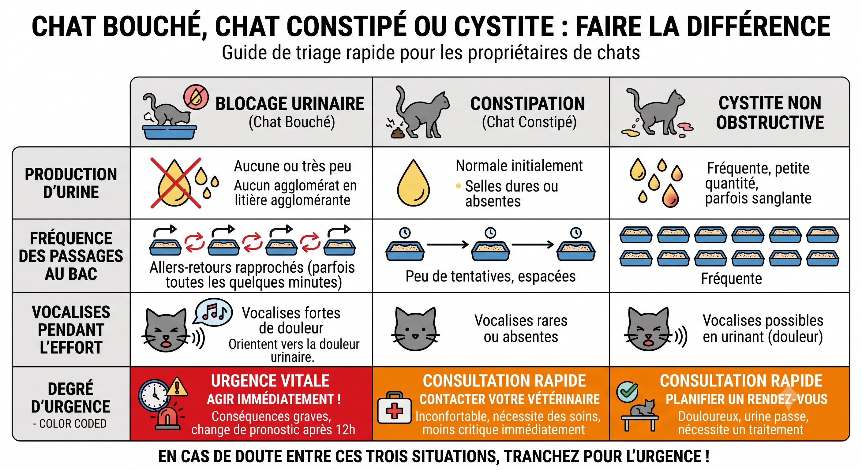 Comparaison visuelle entre blocage urinaire, constipation et cystite chez le chat pour orienter la décision