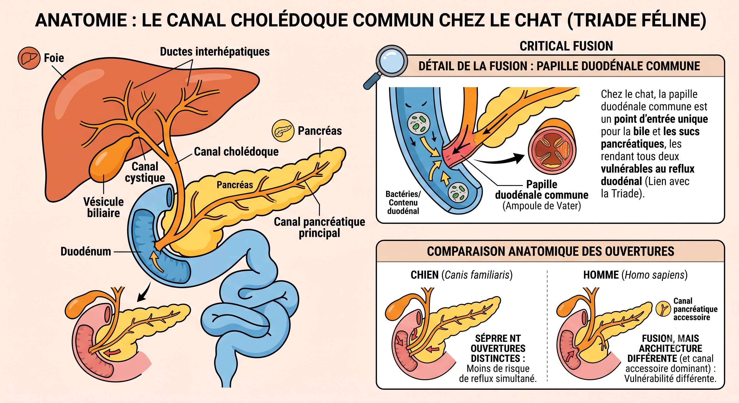 Schéma anatomique du chat : canal biliaire et canal pancréatique fusionnés en une papille commune avant l'intestin