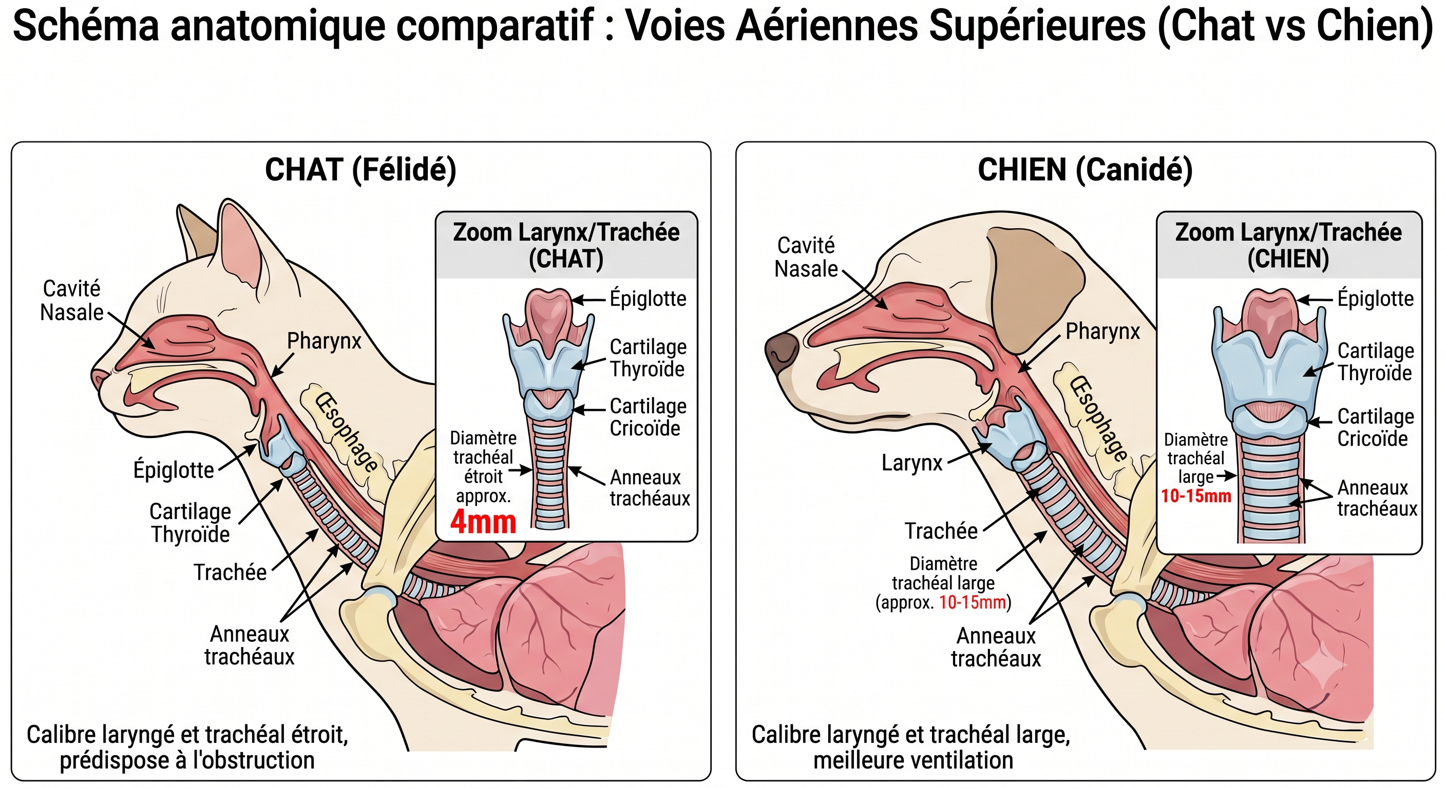 Schéma comparatif des voies aériennes supérieures chez le chat et le chien : calibre laryngé et trachéal plus étroit chez le chat