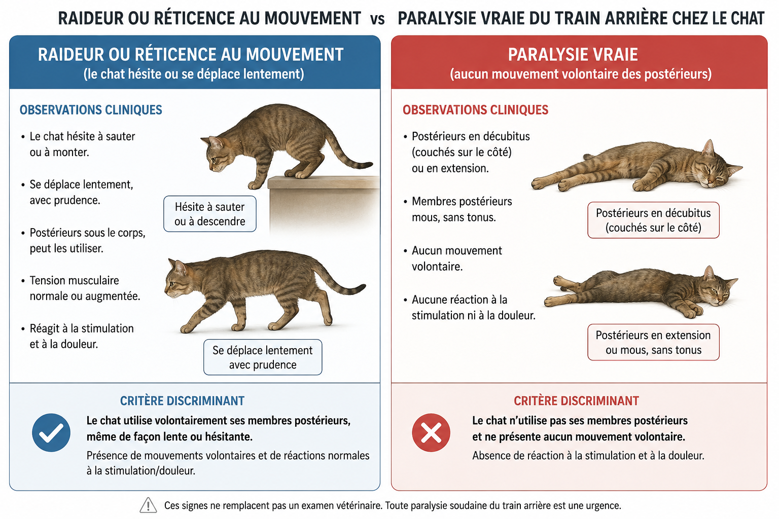 Différence entre raideur et paralysie vraie du train arrière chez le chat