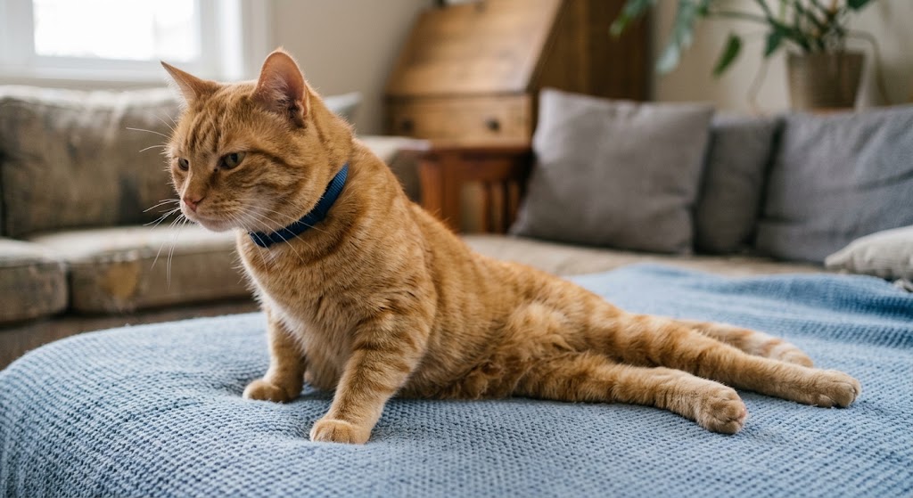 Chat couché sur le flanc, incapable de se lever sur ses pattes arrière