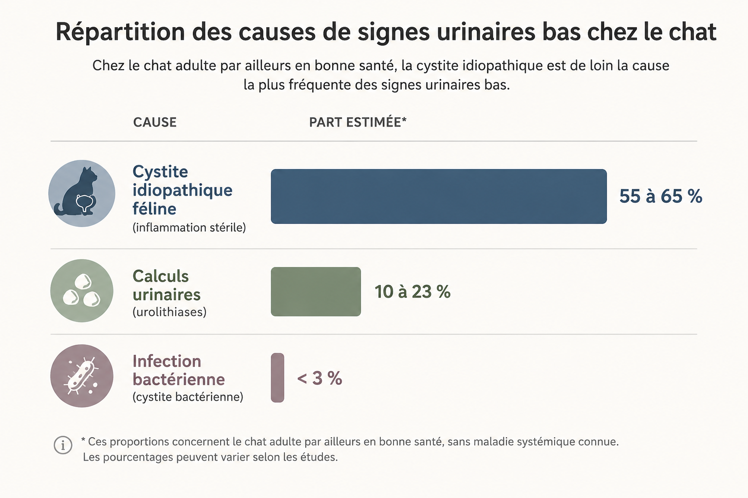 Répartition des causes de cystite chez le chat, cystite idiopathique féline majoritaire devant les calculs
