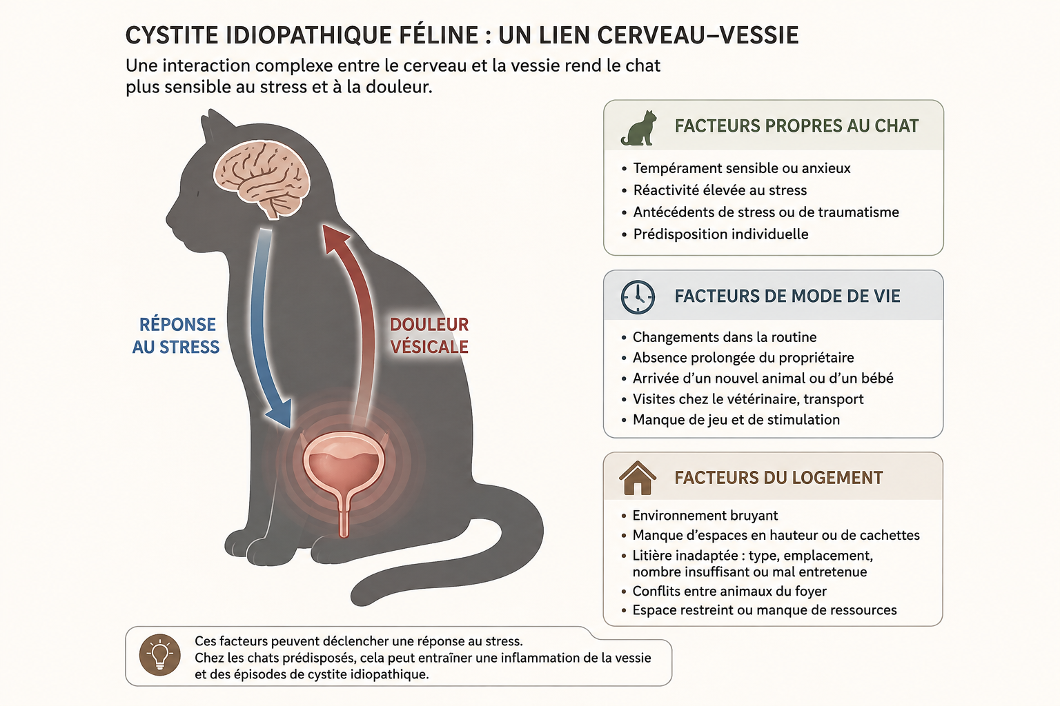 Schéma de la cystite idiopathique féline reliant le cerveau et la vessie du chat par la réponse au stress