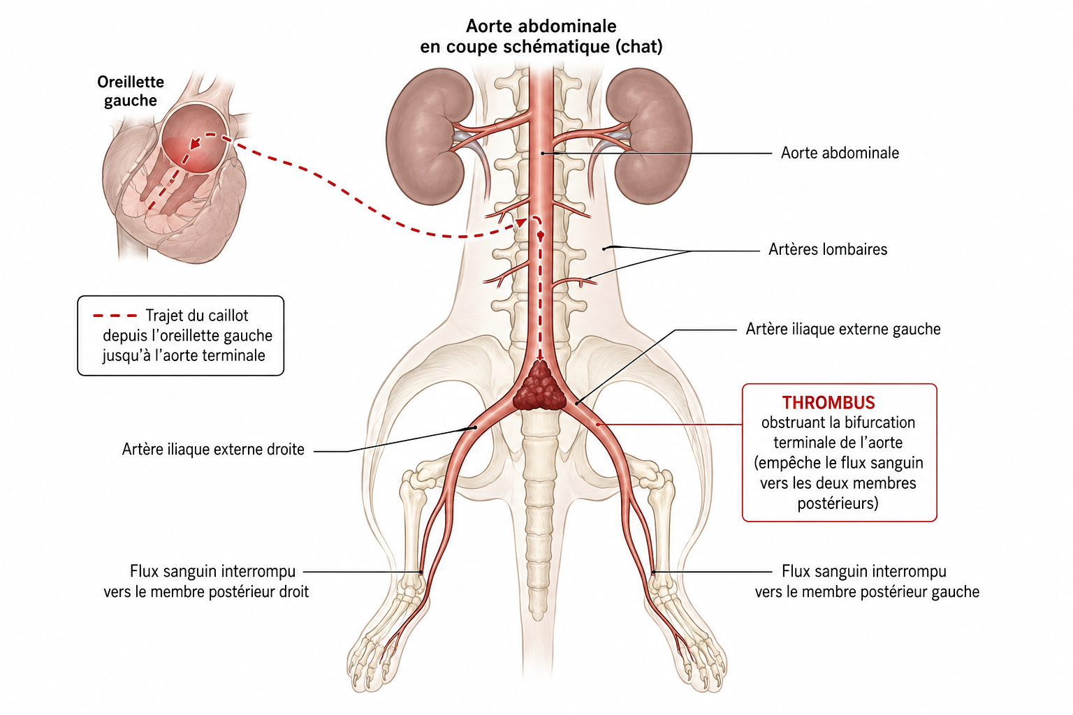 Schéma de l'obstruction de l'aorte terminale par un caillot chez un chat paralysé du train arrière