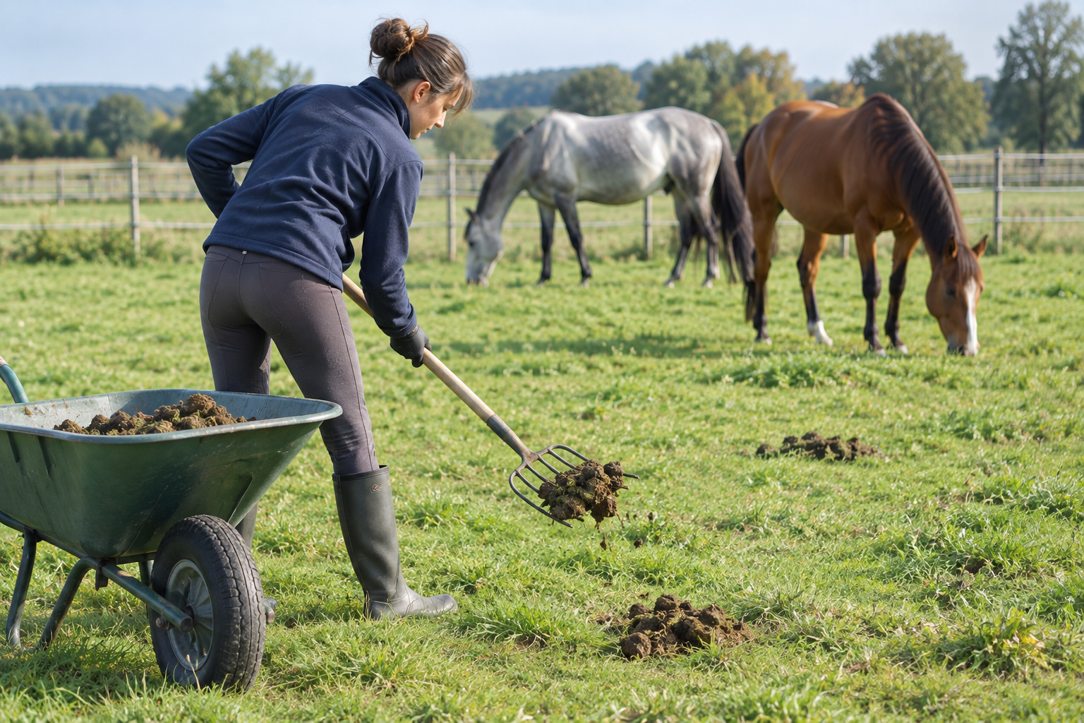 Ramassage des crottins dans une pâture pour limiter la contamination des chevaux par les vers