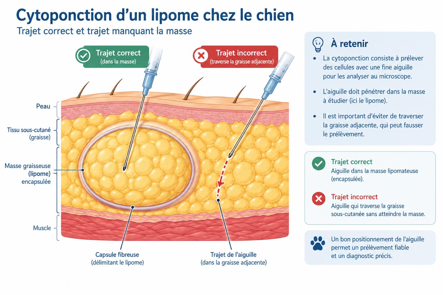 Cytoponction d'un lipome chez le chien : trajet correct et trajet manquant la masse